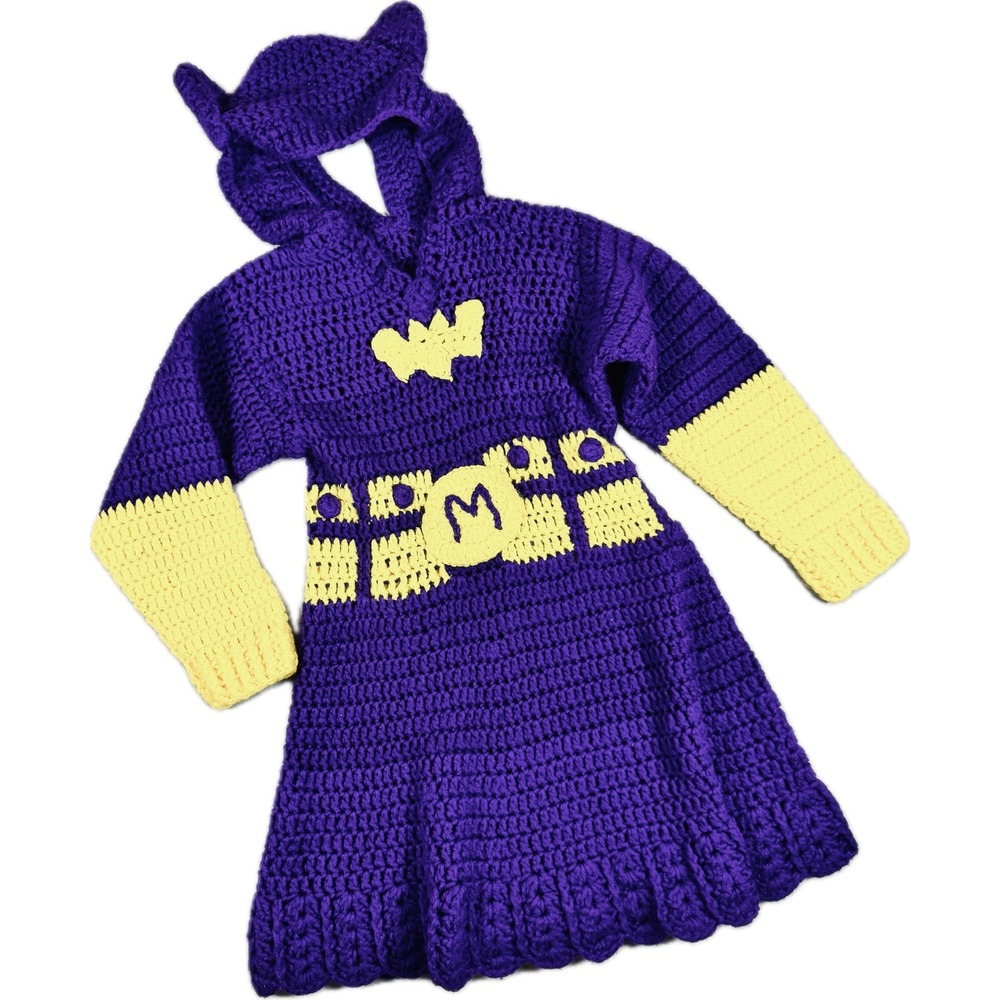 Handmade Batgirl Crochet Dress Girls Size 6 Purple Yellow Bat Costume Dress Up